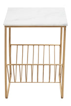 White Marble Top Side Table with Interconnected Gold Metal Frame and Open Rack Storage