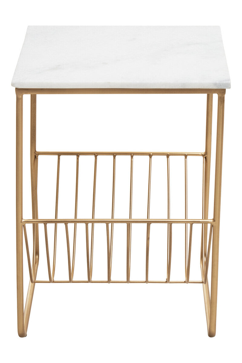 White Marble Top Side Table with Interconnected Gold Metal Frame and Open Rack Storage