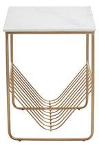 White Marble Top Side Table with Interconnected Gold Metal Frame and Open Rack Storage