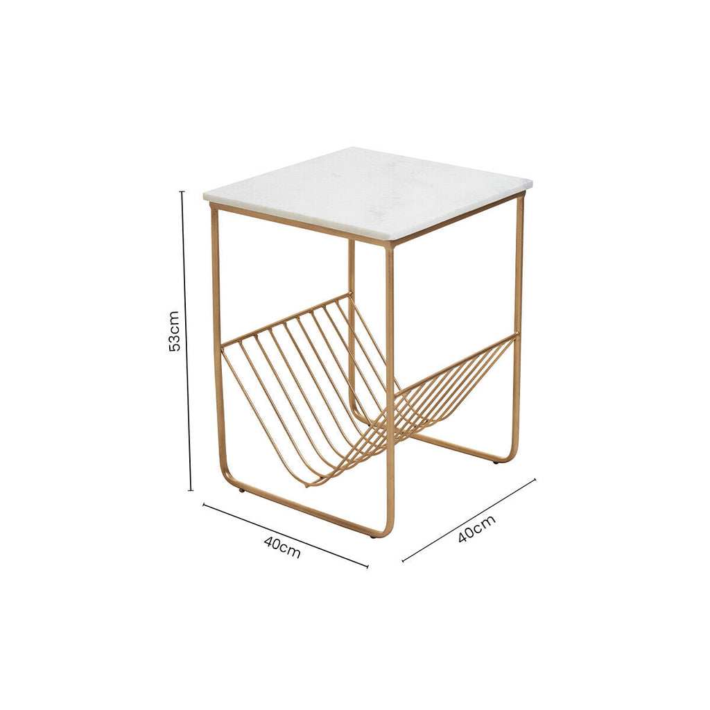 White Marble Top Side Table with Interconnected Gold Metal Frame and Open Rack Storage