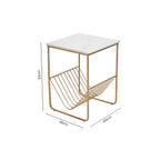 White Marble Top Side Table with Interconnected Gold Metal Frame and Open Rack Storage