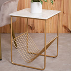White Marble Top Side Table with Interconnected Gold Metal Frame and Open Rack Storage