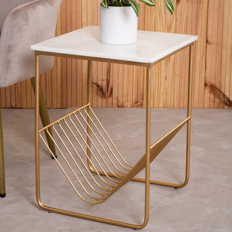 White Marble Top Side Table with Interconnected Gold Metal Frame and Open Rack Storage