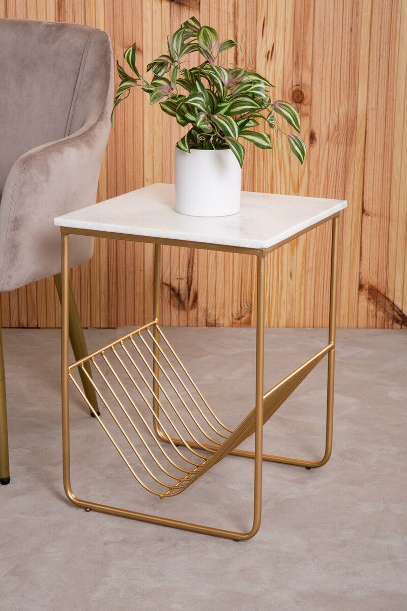 White Marble Top Side Table with Interconnected Gold Metal Frame and Open Rack Storage