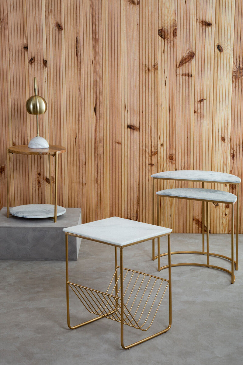 White Marble Top Side Table with Interconnected Gold Metal Frame and Open Rack Storage
