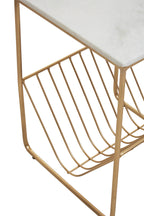 White Marble Top Side Table with Interconnected Gold Metal Frame and Open Rack Storage