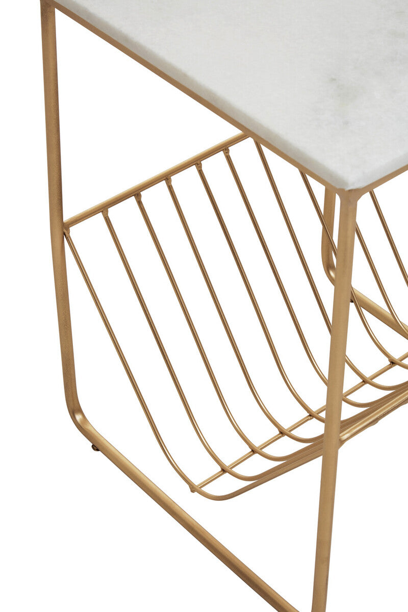White Marble Top Side Table with Interconnected Gold Metal Frame and Open Rack Storage