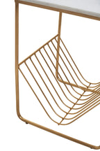 White Marble Top Side Table with Interconnected Gold Metal Frame and Open Rack Storage