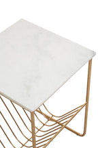 White Marble Top Side Table with Interconnected Gold Metal Frame and Open Rack Storage