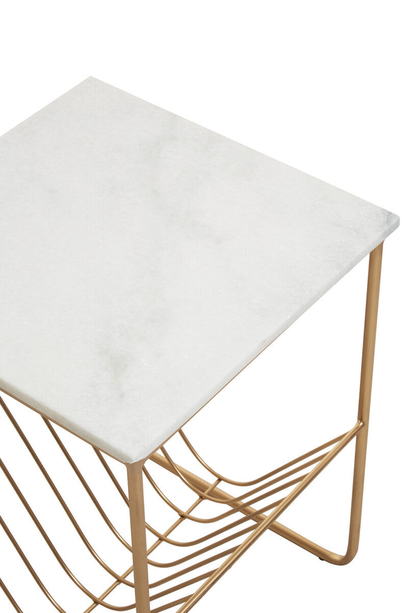 White Marble Top Side Table with Interconnected Gold Metal Frame and Open Rack Storage