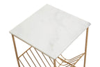 White Marble Top Side Table with Interconnected Gold Metal Frame and Open Rack Storage