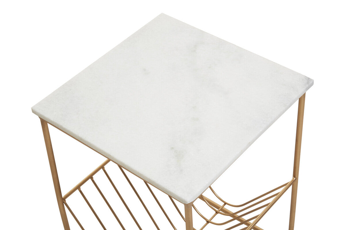 White Marble Top Side Table with Interconnected Gold Metal Frame and Open Rack Storage
