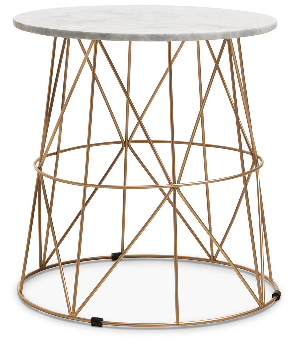 White Marble Top Round Side Table with Gold Cage Metal Frame