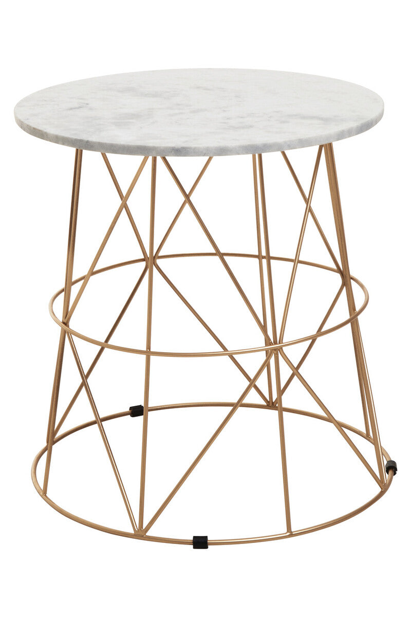 White Marble Top Round Side Table with Gold Cage Metal Frame