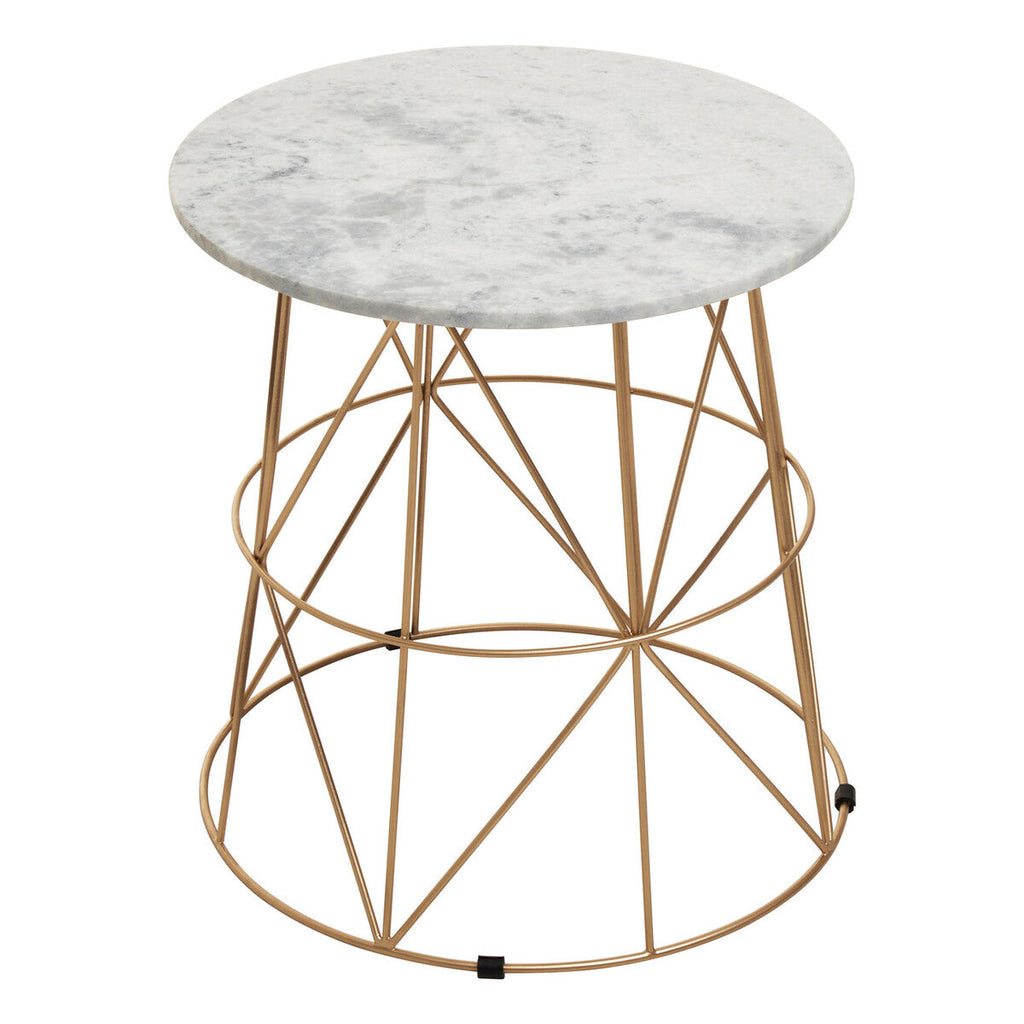 White Marble Top Round Side Table with Gold Cage Metal Frame