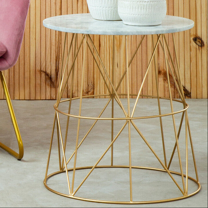 White Marble Top Round Side Table with Gold Cage Metal Frame