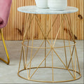 White Marble Top Round Side Table with Gold Cage Metal Frame