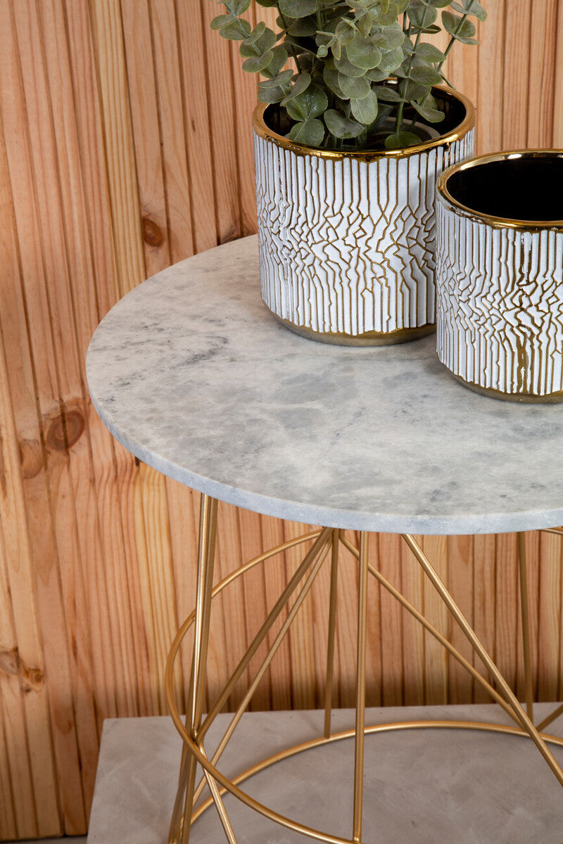 White Marble Top Round Side Table with Gold Cage Metal Frame