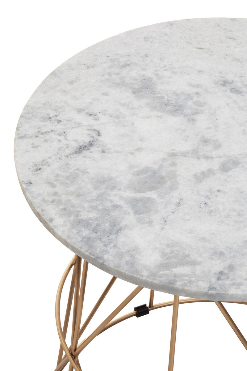 White Marble Top Round Side Table with Gold Cage Metal Frame
