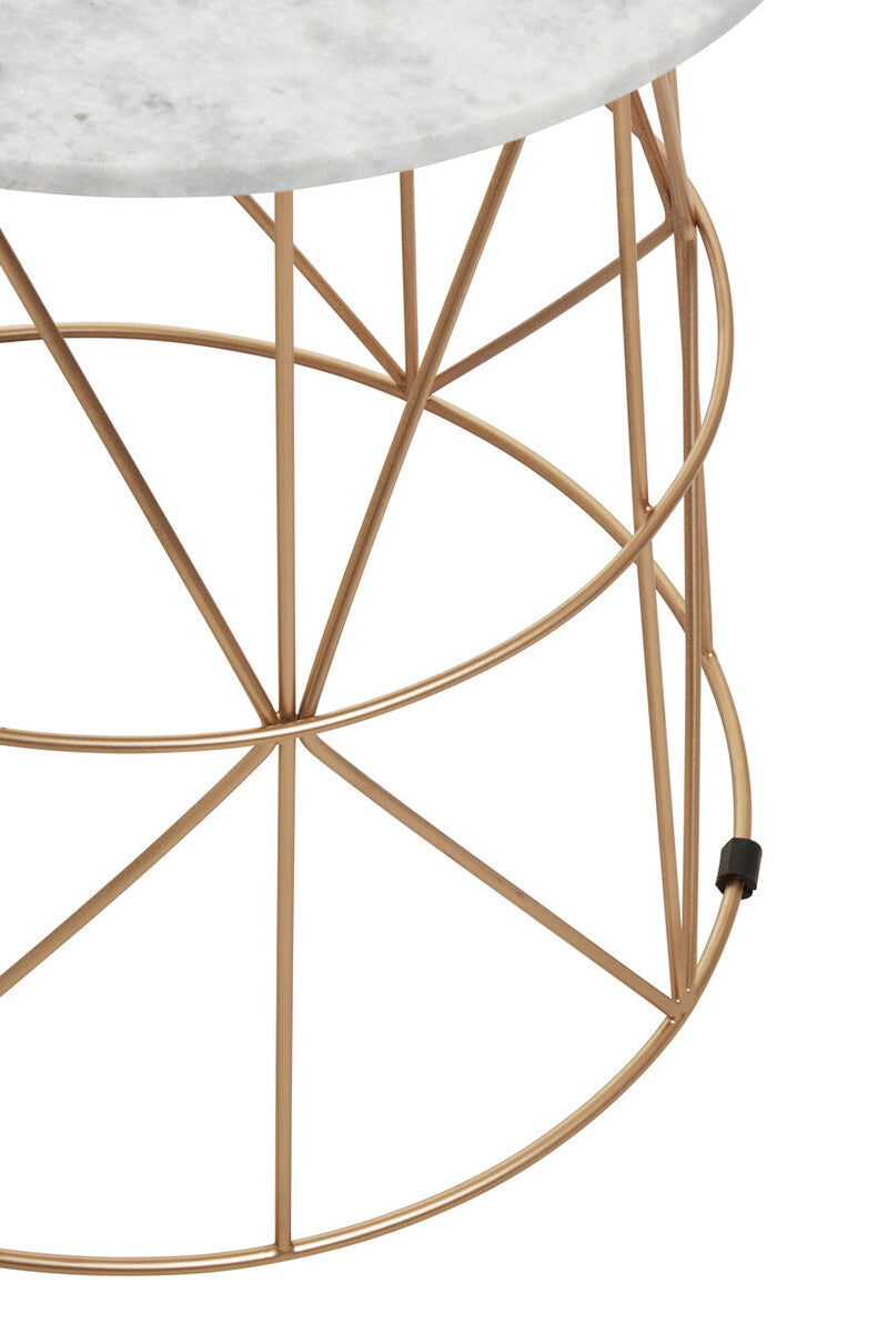 White Marble Top Round Side Table with Gold Cage Metal Frame