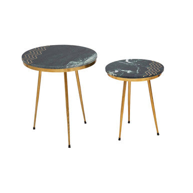 Green Marble and Gold Finish Set of 2 Side Tables