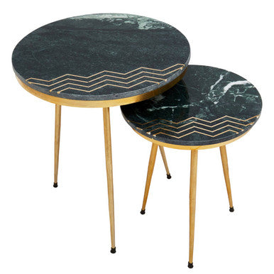 Green Marble and Gold Finish Set of 2 Side Tables