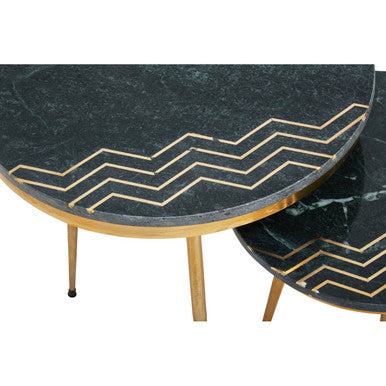Green Marble and Gold Finish Set of 2 Side Tables