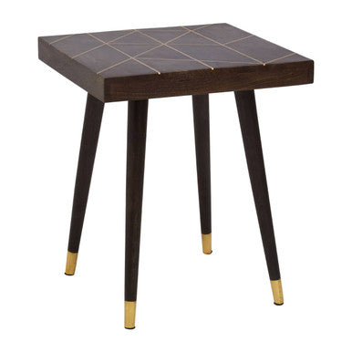 Dark Brown Mango Wood Square Side Table with Gold Tip Legs