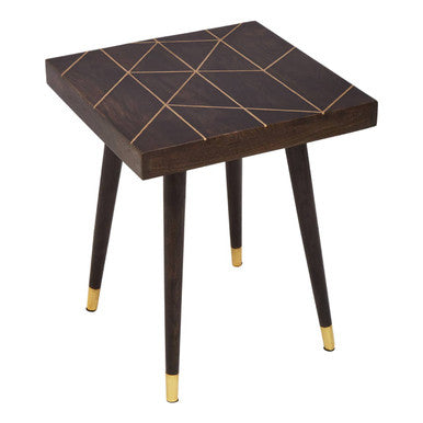 Dark Brown Mango Wood Square Side Table with Gold Tip Legs
