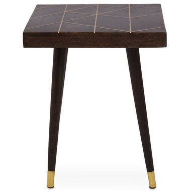 Dark Brown Mango Wood Square Side Table with Gold Tip Legs
