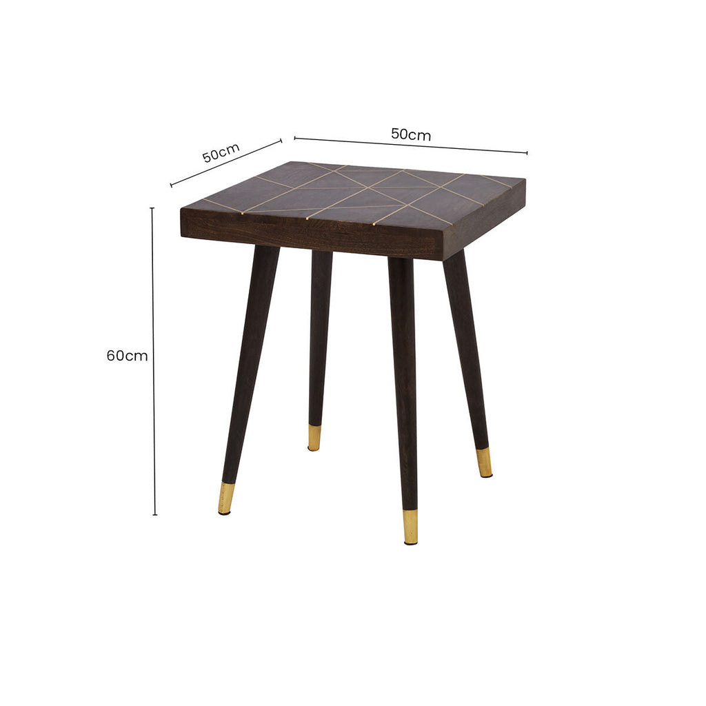 Dark Brown Mango Wood Square Side Table with Gold Tip Legs