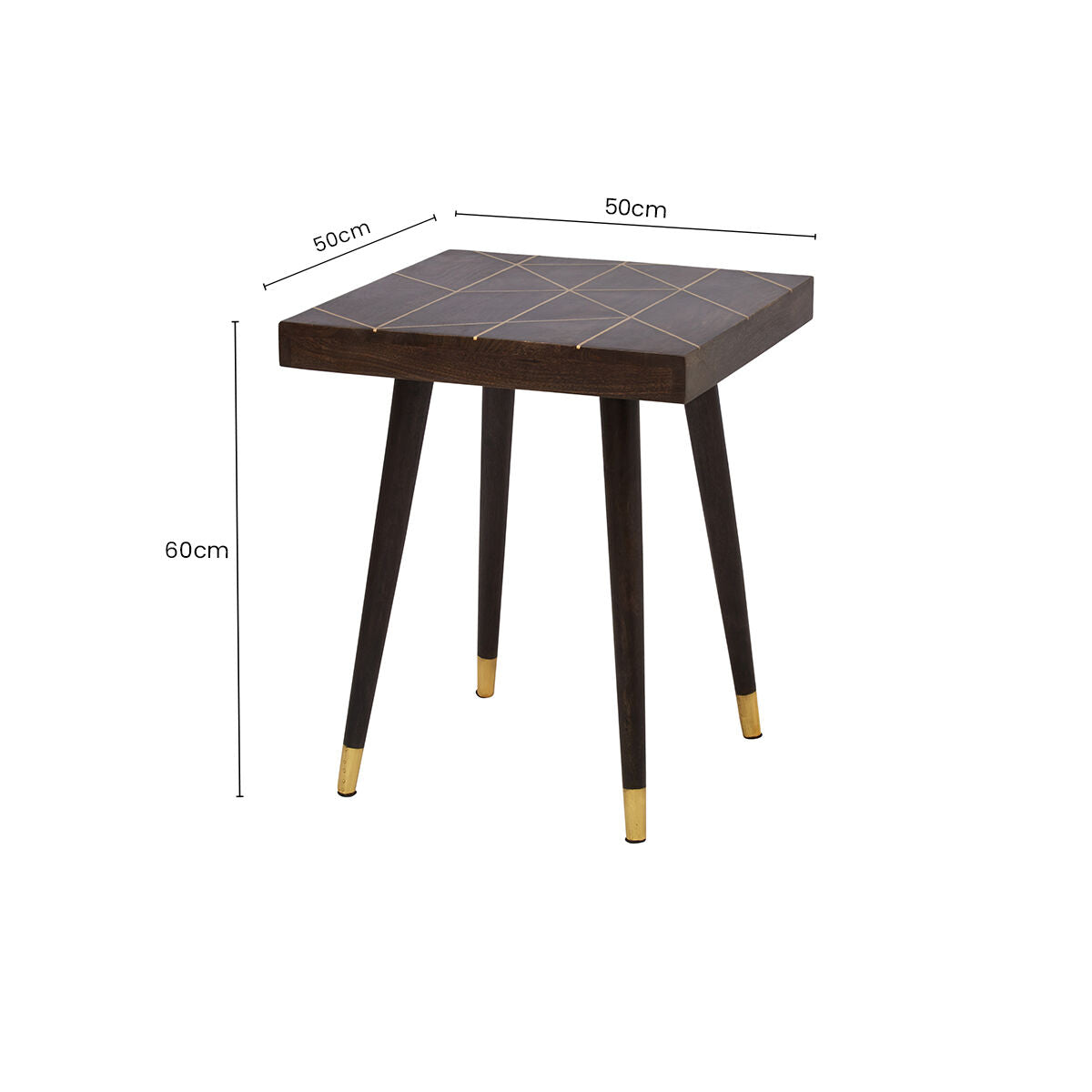 Dark Brown Mango Wood Square Side Table with Gold Tip Legs