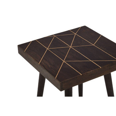Dark Brown Mango Wood Square Side Table with Gold Tip Legs