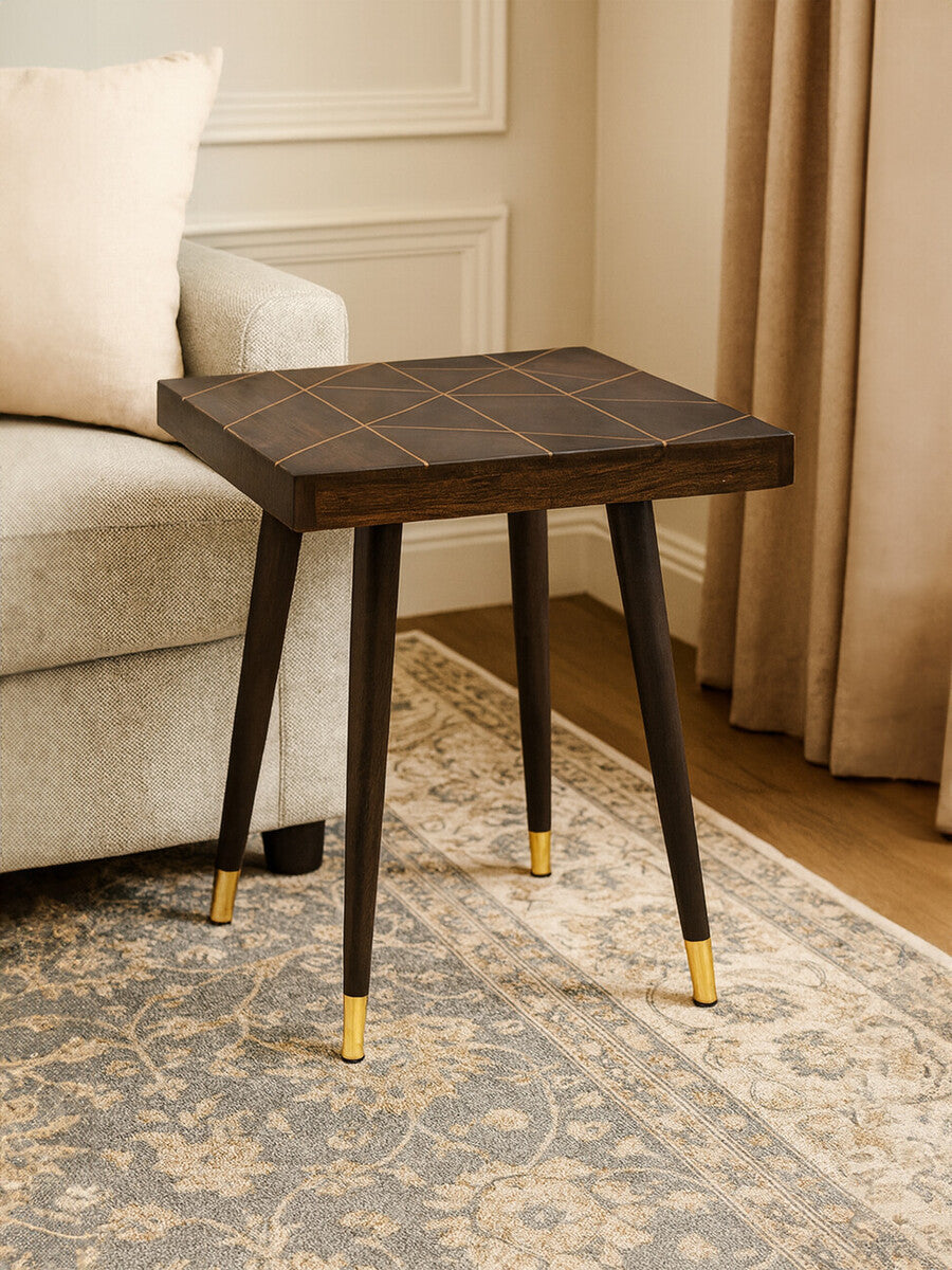 Dark Brown Mango Wood Square Side Table with Gold Tip Legs