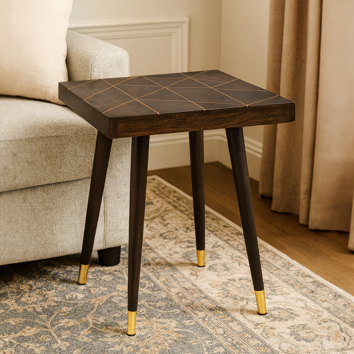 Dark Brown Mango Wood Square Side Table with Gold Tip Legs