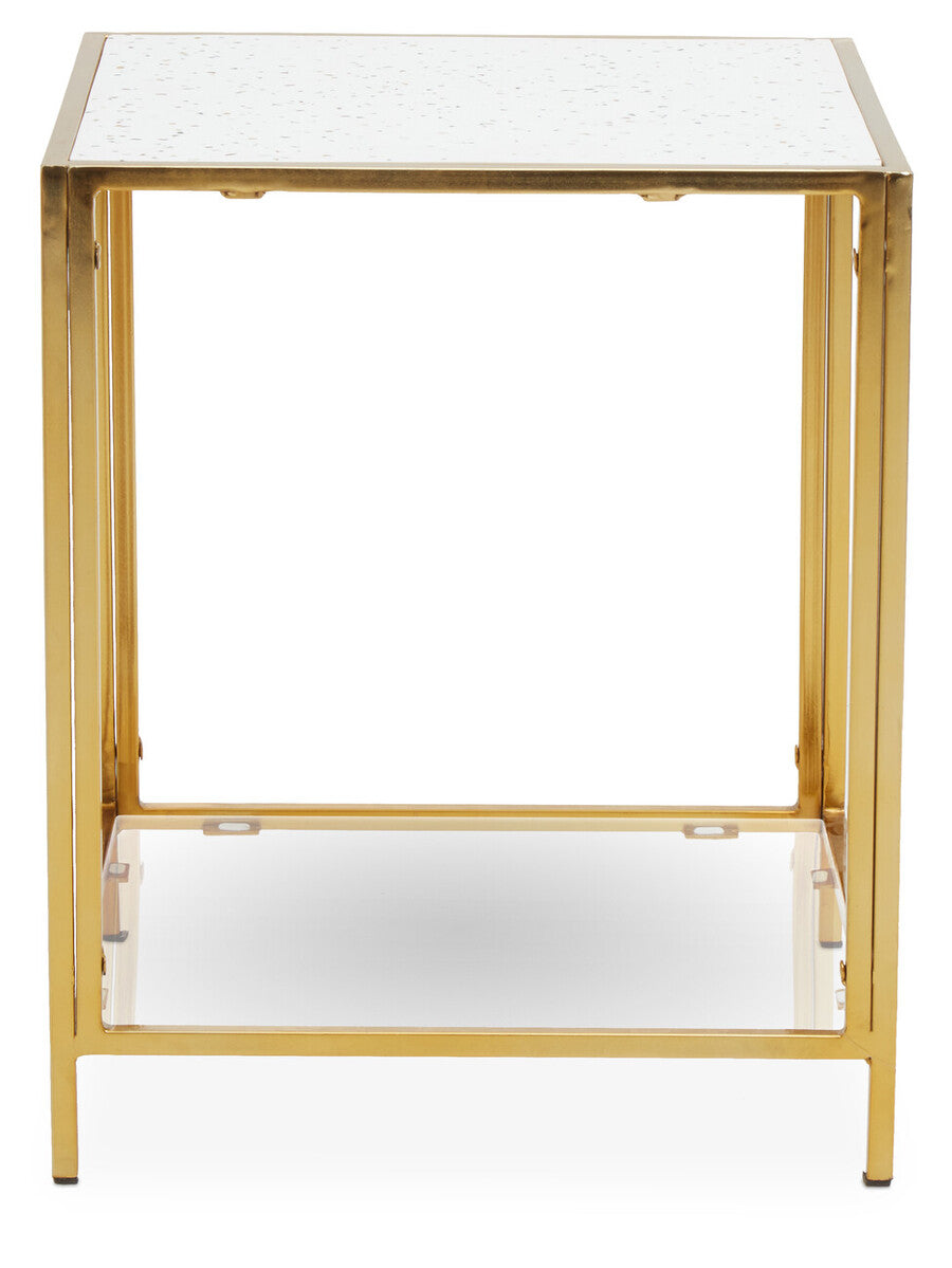 Glass Top Side Table with White Terrazzo Effect Shelf and Gold Metal Frame
