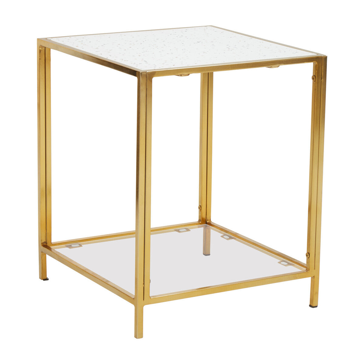 Glass Top Side Table with White Terrazzo Effect Shelf and Gold Metal Frame