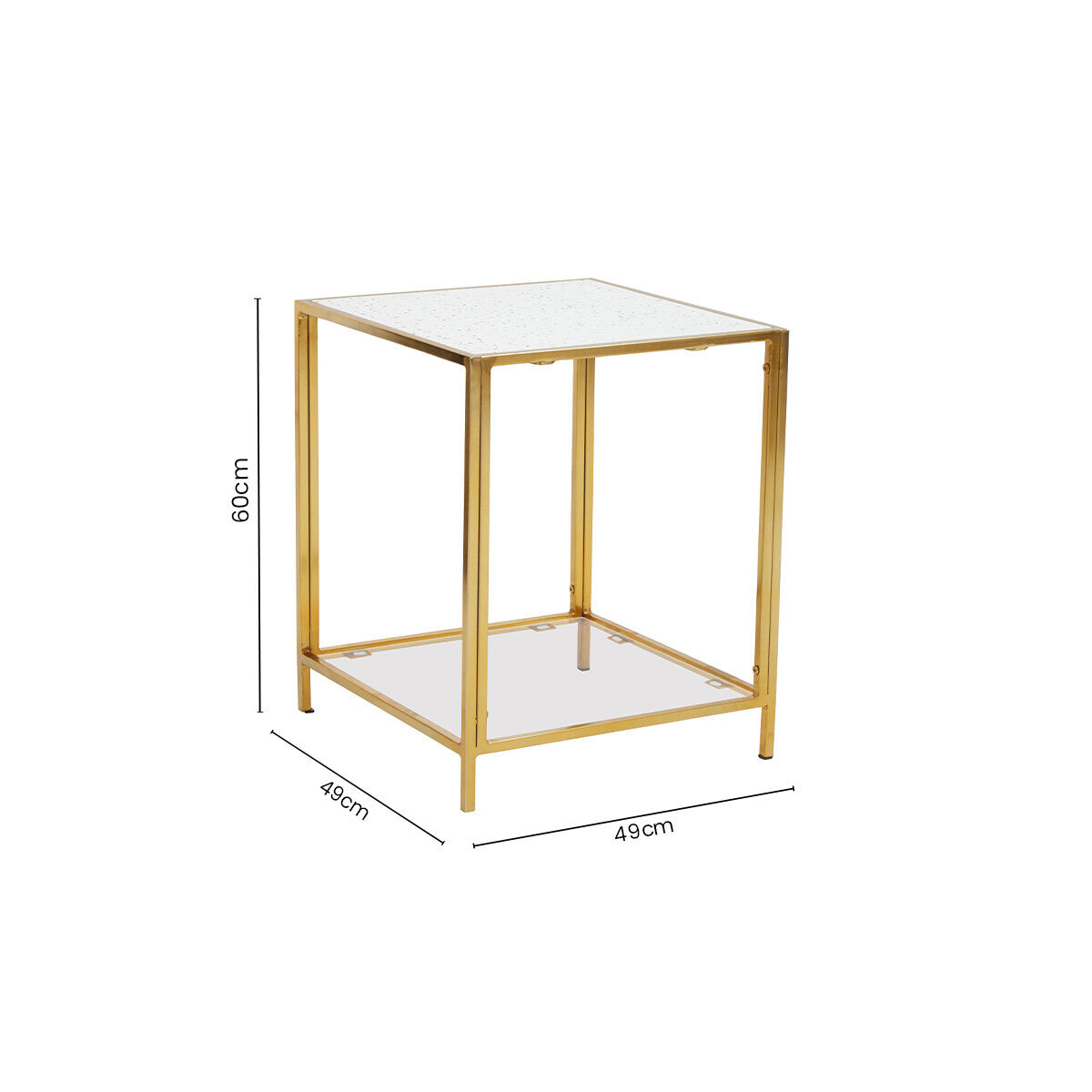 Glass Top Side Table with White Terrazzo Effect Shelf and Gold Metal Frame