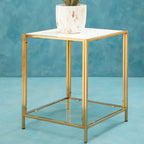 Glass Top Side Table with White Terrazzo Effect Shelf and Gold Metal Frame