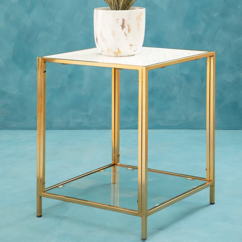 Glass Top Side Table with White Terrazzo Effect Shelf and Gold Metal Frame