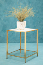 Glass Top Side Table with White Terrazzo Effect Shelf and Gold Metal Frame