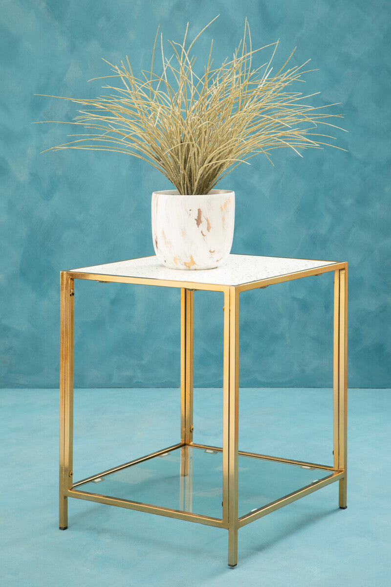 Glass Top Side Table with White Terrazzo Effect Shelf and Gold Metal Frame