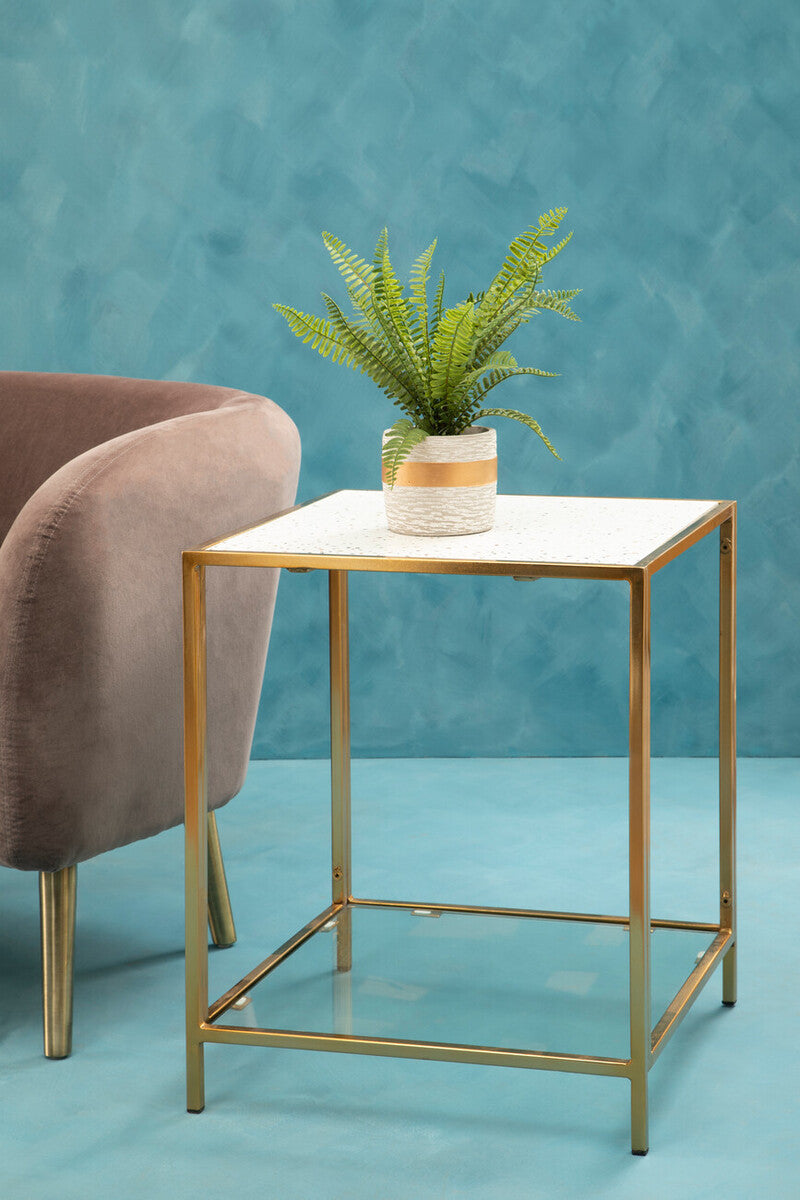Glass Top Side Table with White Terrazzo Effect Shelf and Gold Metal Frame