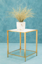 Glass Top Side Table with White Terrazzo Effect Shelf and Gold Metal Frame