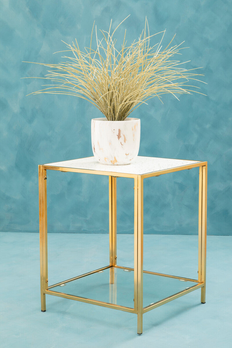Glass Top Side Table with White Terrazzo Effect Shelf and Gold Metal Frame