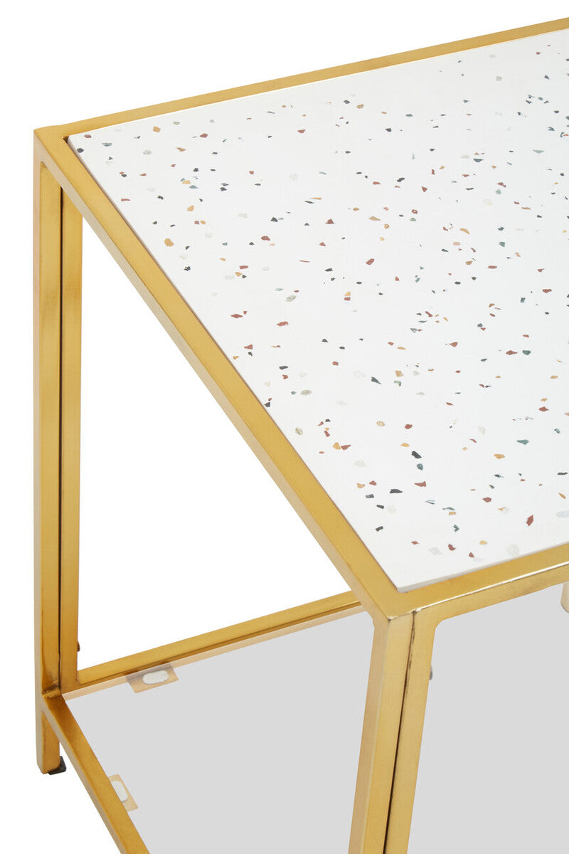 Glass Top Side Table with White Terrazzo Effect Shelf and Gold Metal Frame