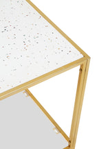 Glass Top Side Table with White Terrazzo Effect Shelf and Gold Metal Frame