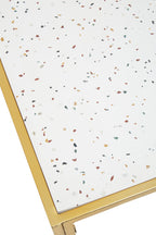 Glass Top Side Table with White Terrazzo Effect Shelf and Gold Metal Frame