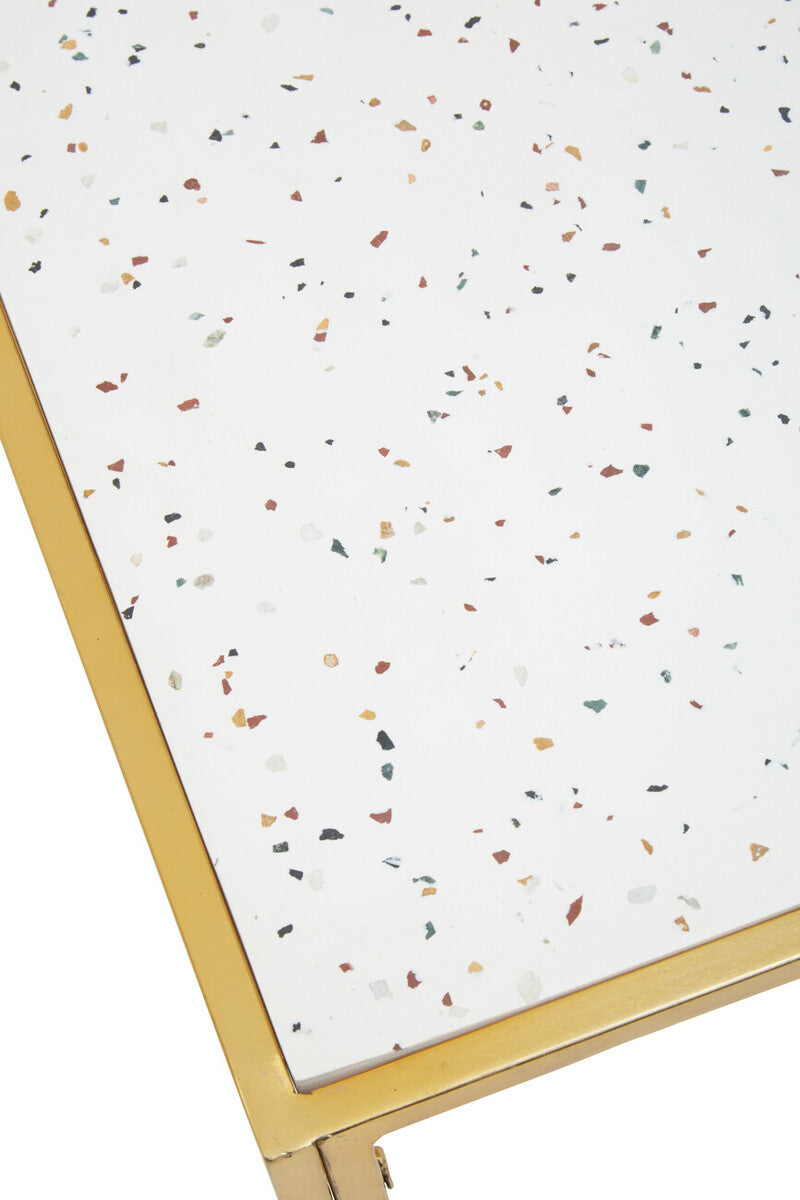 Glass Top Side Table with White Terrazzo Effect Shelf and Gold Metal Frame