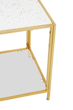 Glass Top Side Table with White Terrazzo Effect Shelf and Gold Metal Frame